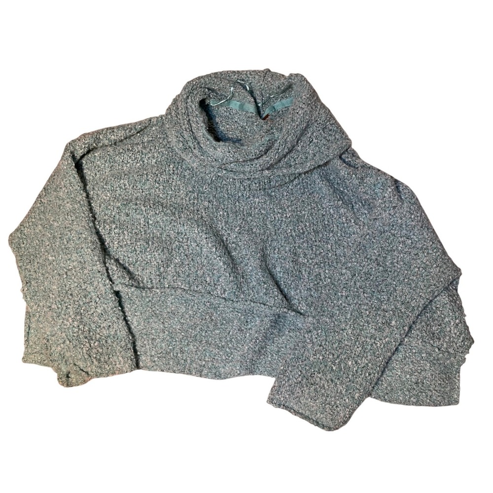 Free People Shaggy Cozy cowl neck Cropped knit Sweater Teal Size Large preppy